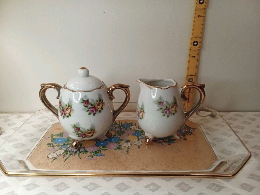 Vintage Enesco Floral Small Sugar Bowl and Creamer Set Tray Not For Sale